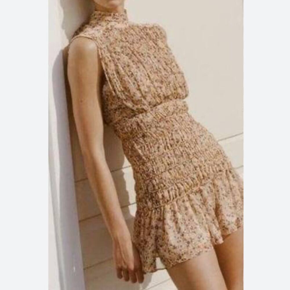 House of Harlow 1960 Beige Floral Smocked Mini Dress